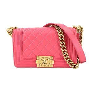 CHANEL Boy Chanel Small Chain Shoulder Bag in Pink Lambskin with Gold Hardwar...